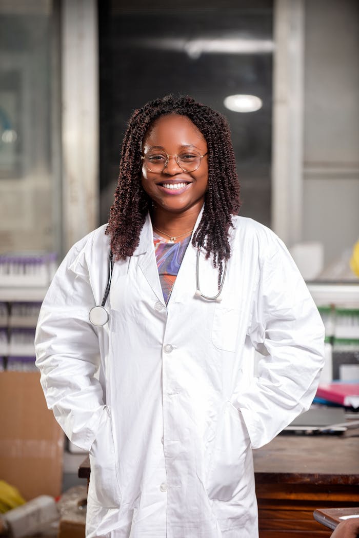 Portrait of a smiling female doctor with a stethoscope in a lab coat, standing indoors.